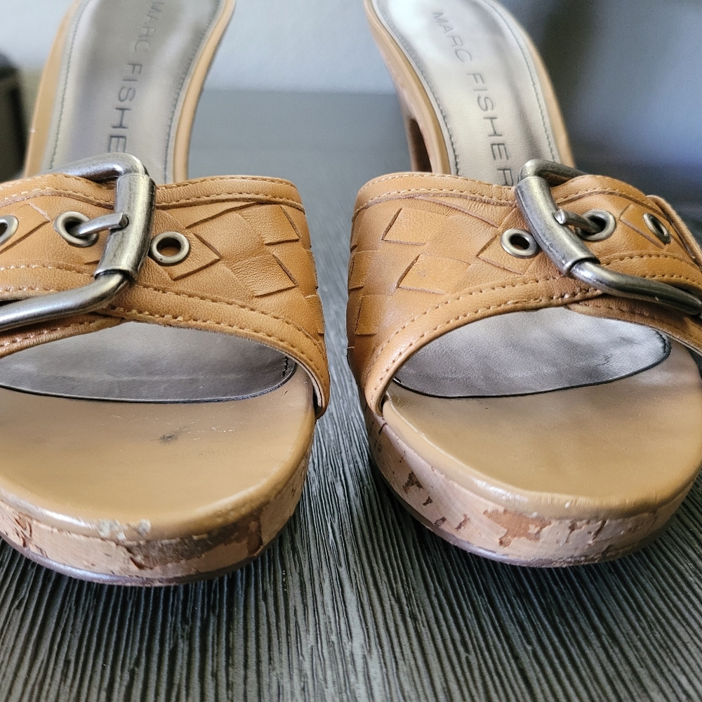 Marc Fisher | Leather Tan High Heel Cork Shoes W/ Buckle Macys - Picture 15 of 17